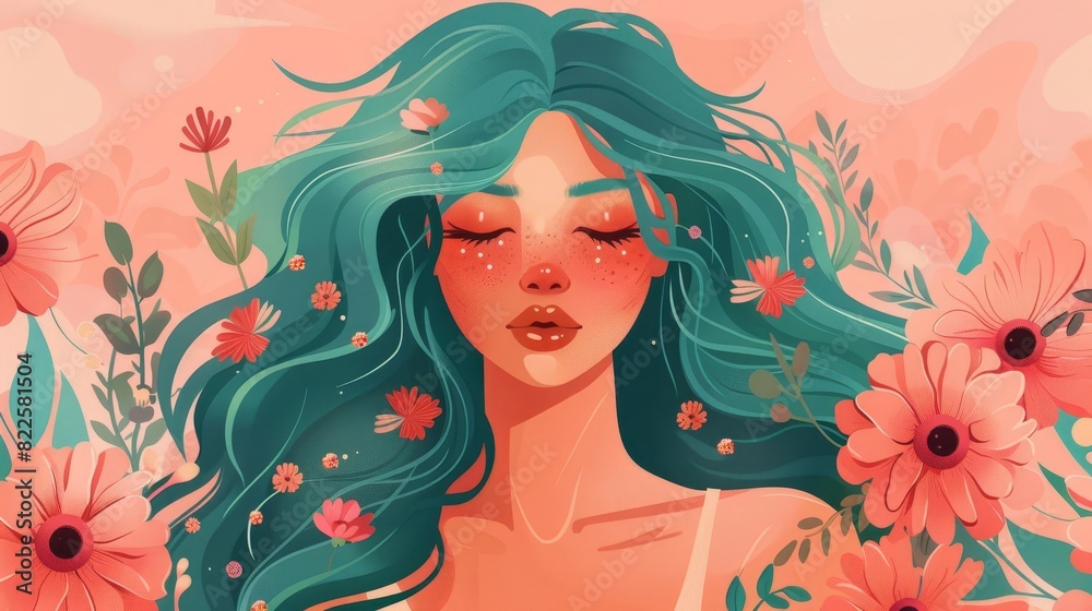 ethereal woman with teal hair surrounded by floral elements on pink background beauty concept illustration ethereal woman with teal hair surrounded by floral elements on pink background beauty concept illustration
