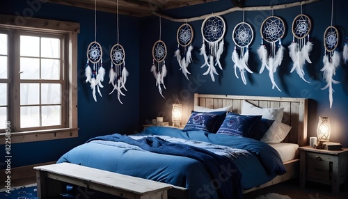 Cozy bedroom with dreamcatchers hanging on the bedheads photo