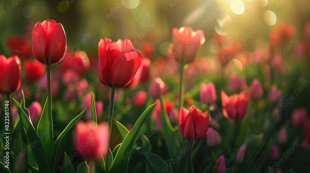 Obraz premium Pink, red, yellow tulips with fresh green leaves. A drawing of flowers. Beautiful background for a holiday, Valentine's day, women's day.