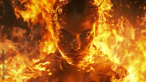 fierce woman engulfed in flames walking through fire powerful unbreakable female portrait photo