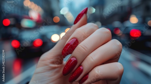 Hand with red manicured nails in front of blurred city lights. Close-up photography. Fashion and beauty concept. Design for poster, banner, header