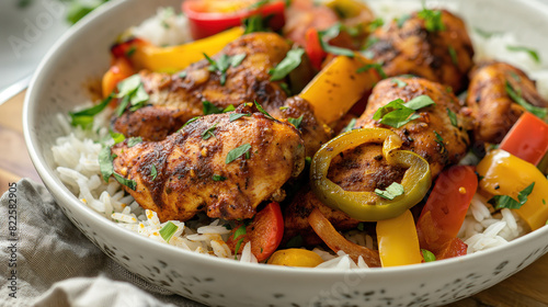  delicious looking chicken pieces on top of the rice with colorful bell pepper slices scattered around the plate