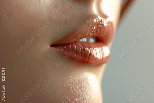 A close up of a woman's lips with a light pink lip color