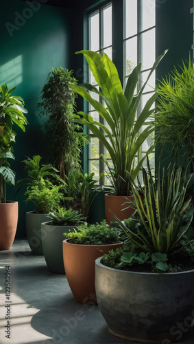 Modern botanical oasis  beautiful plants  unique pots  green walls.