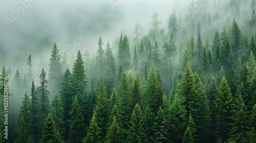  A forest teeming with many green trees enshrouded in thick fog  densely laying in the foreground