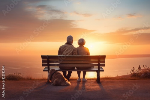 Elderly couple sits with their dog on a bench, overlooking the sea at sunset