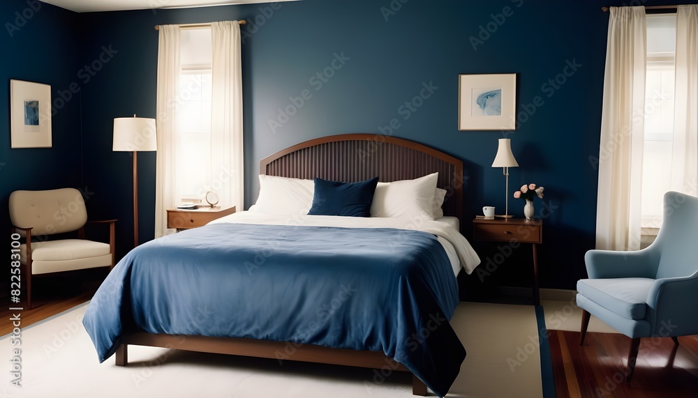 Elegant bedroom with double bed, floor lamp, and modern chair Elegant bedroom with double bed, floor lamp, and modern chair