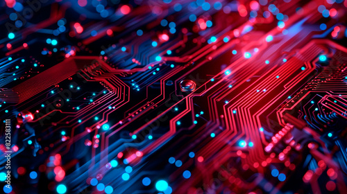 circuit board background with red light, close - up. © Aram