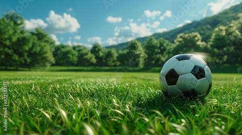 A soccer ball is sitting on a green field