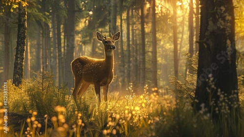 A deer is standing in a field of grass