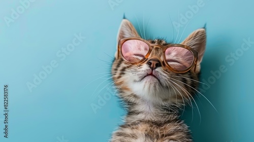  A close-up of a cat wearing glasses against a blue backdrop, with its eyes closed, and its head leaned against the cat's blue wall