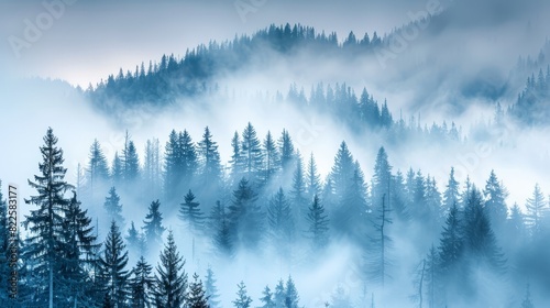  A forest filled with many tall pine trees in the foreground  surrounded by fog No smoggy fog mentioned in the distance