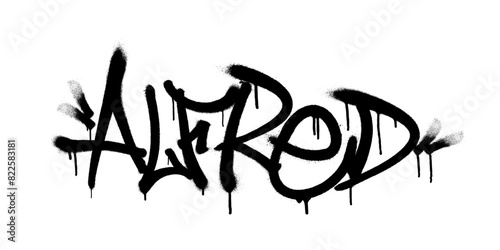 Sprayed Alfred name with overspray in black over white. Vector illustration. photo