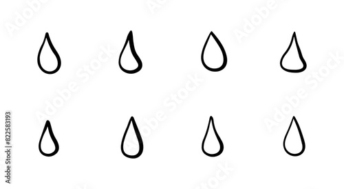Doodle water drops of different shapes. Hand drawn sketch vector illustration of droplets or tears. Vector for print, web, mobile and infographics