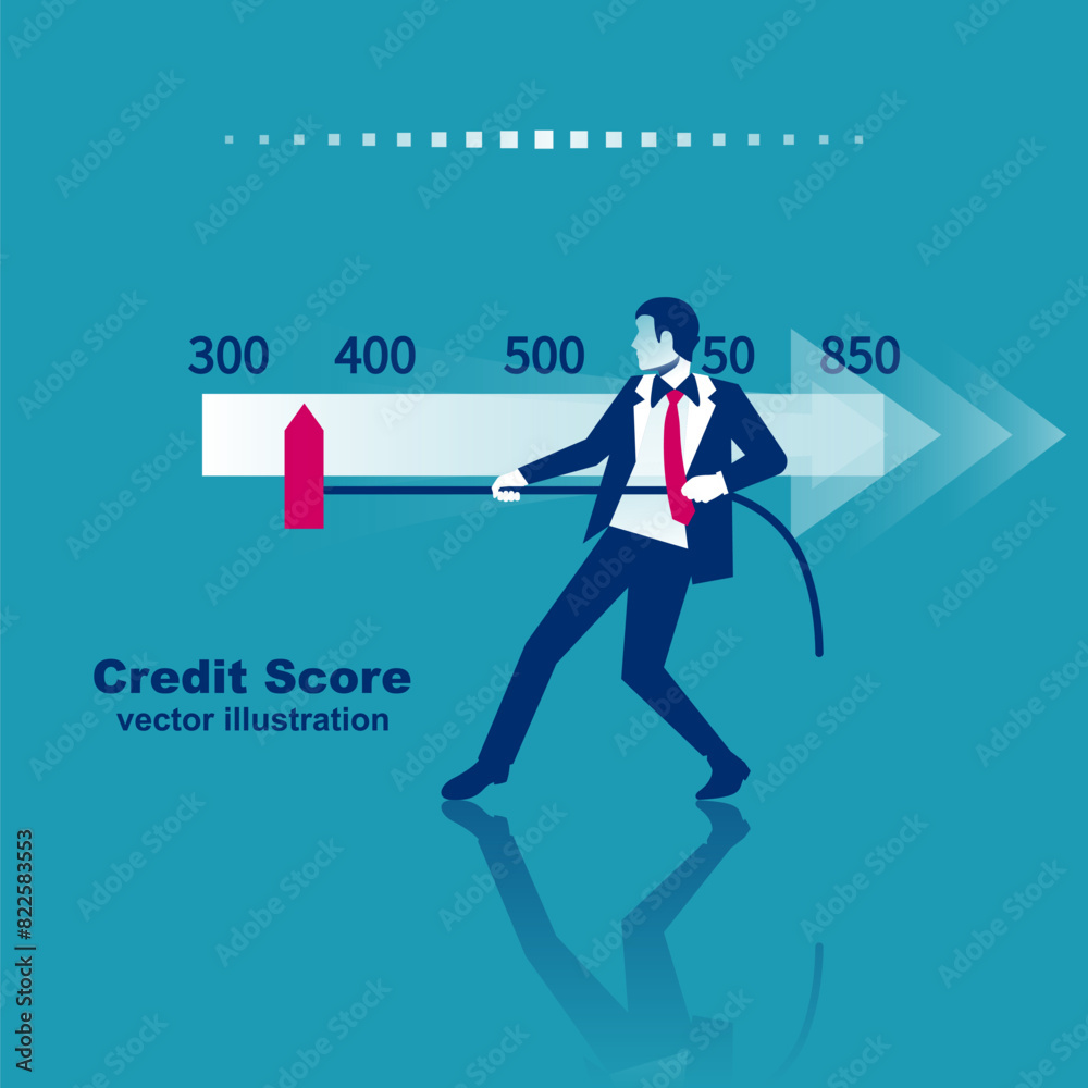 Credit score, gauge. Man changing personal credit information. Report form document. Vector illustration flat design. Isolated on white background. Graph sheet.
