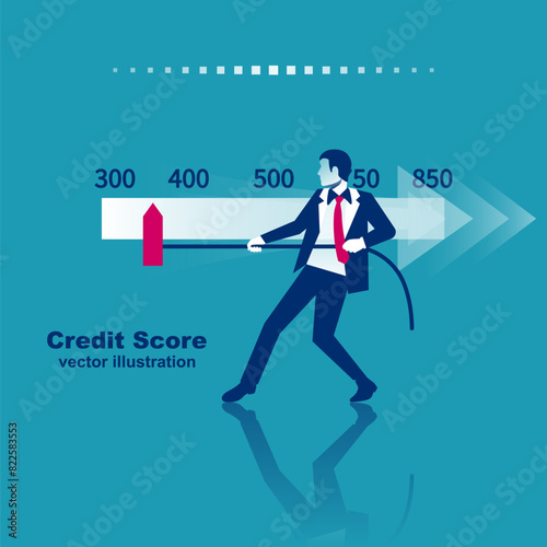 Credit score, gauge. Man changing personal credit information. Report form document. Vector illustration flat design. Isolated on white background. Graph sheet. © hvostik16