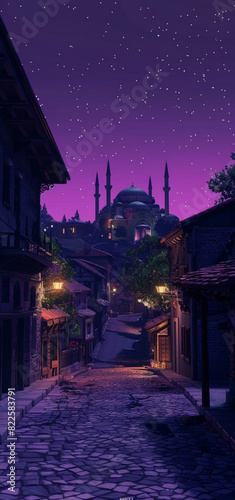 turkish city at night , purple night sky