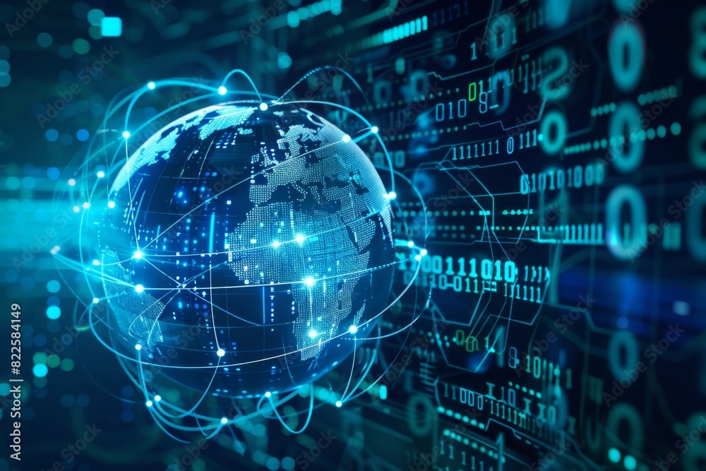 A digital globe surrounded by lines of code, symbolizing global connectivity and technology The background is a blue gradient with binary numbers in the foreground Generative AI A digital globe surrounded by lines of code, symbolizing global connectivity and technology The background is a blue gradient with binary numbers in the foreground Generative AI