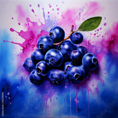 Colourful bloomy vibrant watercolour oil painting splash colour of blueberries Fruit