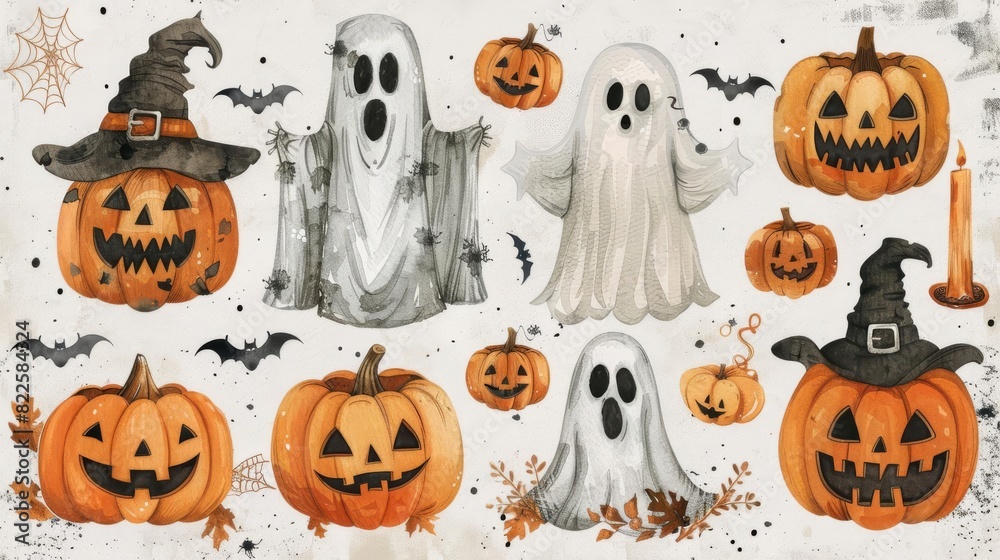 Cute watercolor Halloween clipart. Pumpkins, ghosts, bats and witch hat. Perfect for invitations, cards, scrapbooking and more. Cute watercolor Halloween clipart. Pumpkins, ghosts, bats and witch hat. Perfect for invitations, cards, scrapbooking and more.