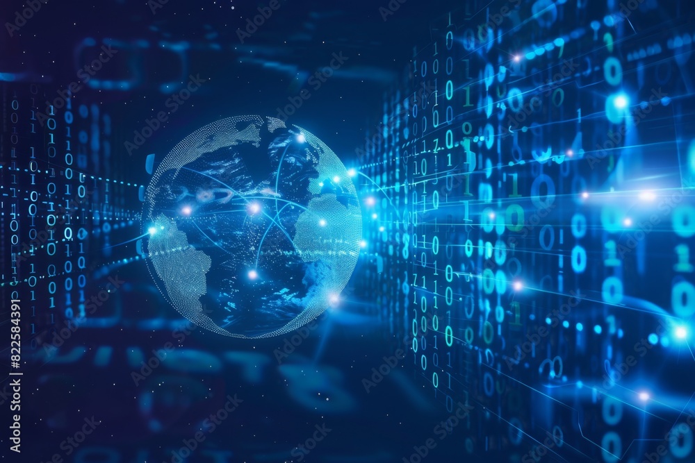 A blue background with digital binary code and an earth globe floating in the center, symbolizing global connectivity and technology Generative AI A blue background with digital binary code and an earth globe floating in the center, symbolizing global connectivity and technology Generative AI