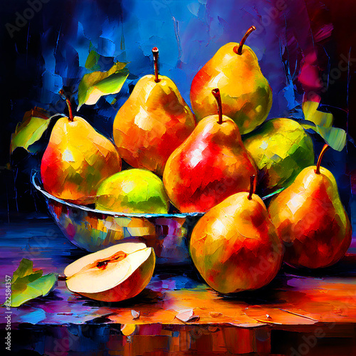 Colourful bloomy vibrant watercolour oil painting splash colour of pear Fruit