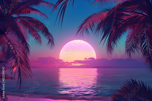 A retro 3D sunset on the beach with palm trees and a futuristic sci-fi vibe  perfect for travel and vacation themes