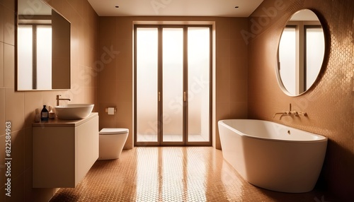 Modern bathroom with beige and brown tiles and a radiator photo