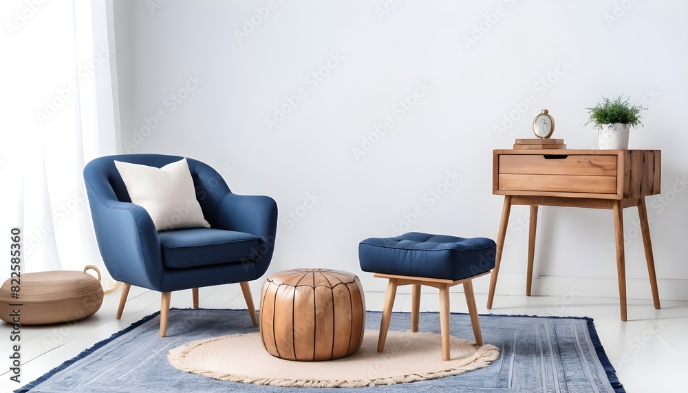 Navy armchair on a rug and wooden stool with pillows in white room Navy armchair on a rug and wooden stool with pillows in white room
