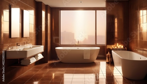 Modern bathroom with beige and brown tiles and a radiator