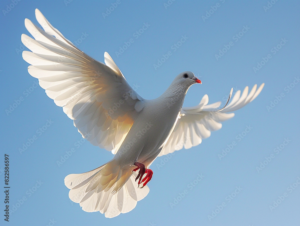 Obraz premium White Dove in Flight with Sunlight on Wings
