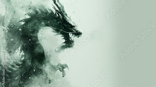 dragon against white backdrop, side adorned with a paint splash; dragon head right side