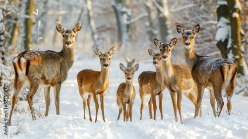 Snow Animals. Winter Scenery with Roe Deer Family in Snow Covered Country photo
