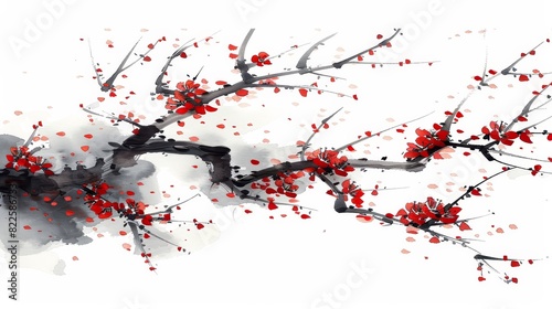Wallpaper Mural  A painting of a tree against a white backdrop, its branches adorned with red berries – one branch distinctively black among the rest, also bearing red fruits Torontodigital.ca