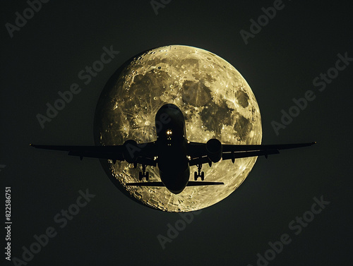 Silhouette of airplane flying against full moon at night