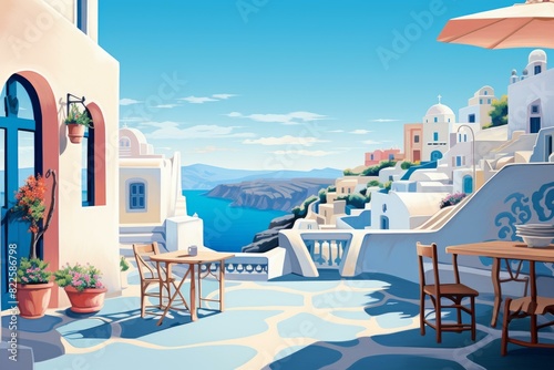 Idyllic view of a tranquil cafe in santorini overlooking the aegean sea and whitewashed buildings photo