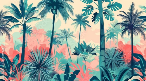 A seamless vector pattern of an oasis with tropical trees and palms.  