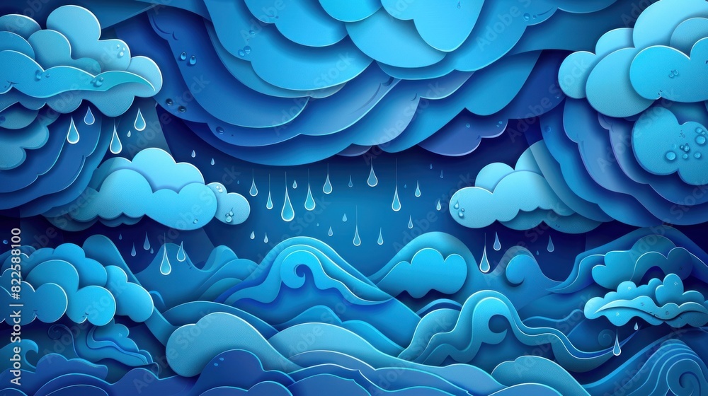 A paper cut style illustration of rain, thunder, lightning, and clouds.

