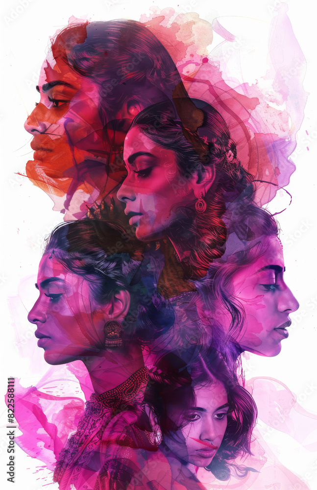 Fototapeta premium Overlapping Telugu Women in Pink and Purple Abstract