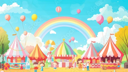 Illustration of a lively carnival scene with colorful tents, balloons, and a rainbow, creating a joyful and festive atmosphere.
