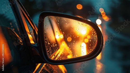 The car's rear mirror reflects the evening sun, enhanced by a beautiful bokeh effect.