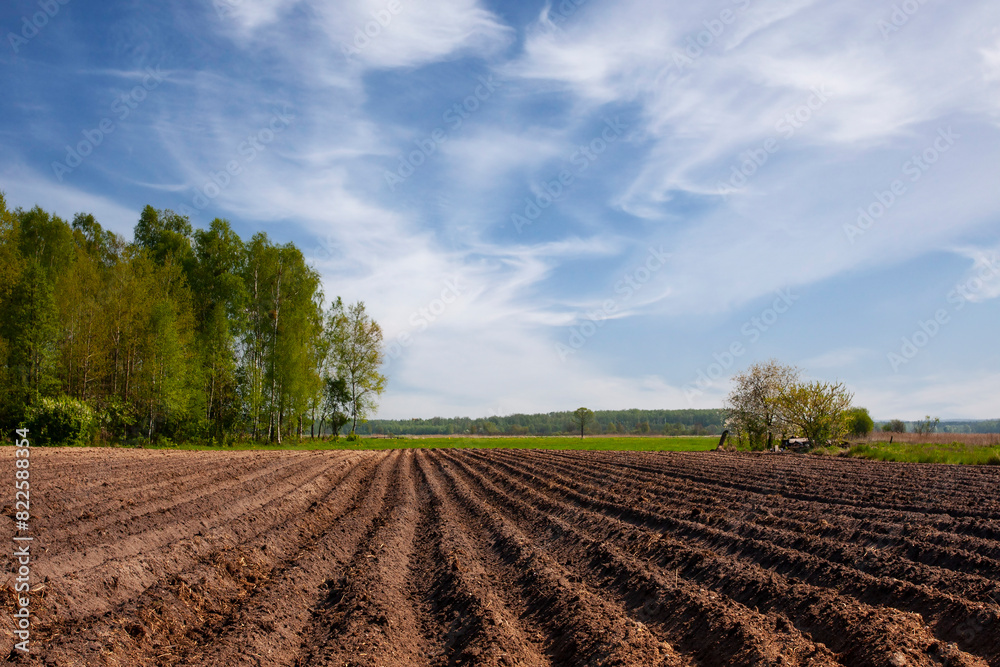 Plowed field in the spring, spring landscape in the countryside Plowed field in the spring, spring landscape in the countryside