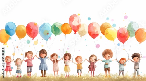 A diverse group of children holding balloons in a field  celebrating in a cheerful and colorful scene  representing joy and unity.