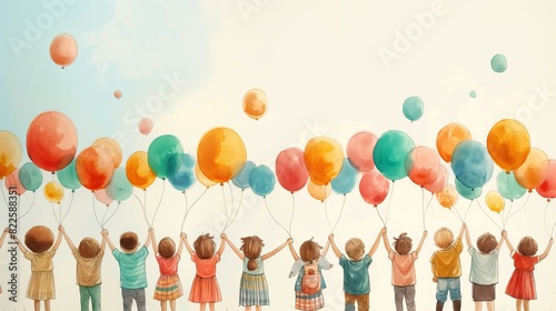 Children holding balloons in a field  viewed from behind  showcasing a sense of unity and celebration in a bright and joyful atmosphere.