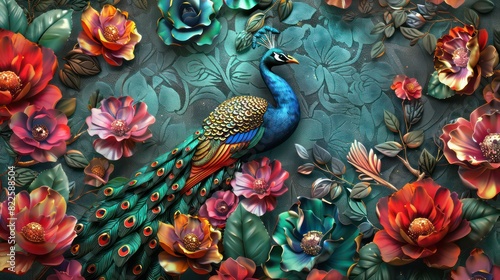 Elegant leather base combines bright color floral with exotic oriental pattern flowers and peacocks illustration background. 3d abstraction wallpaper for interior mural wall art decor