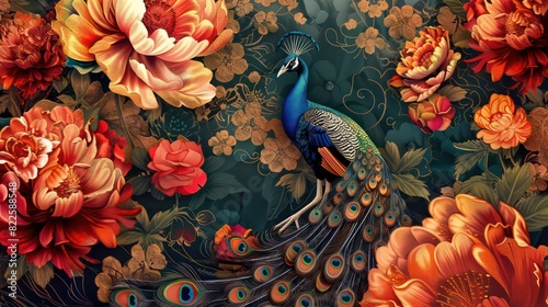 Elegant leather base combines bright color floral with exotic oriental pattern flowers and peacocks illustration background. 3d abstraction wallpaper for interior mural wall art decor