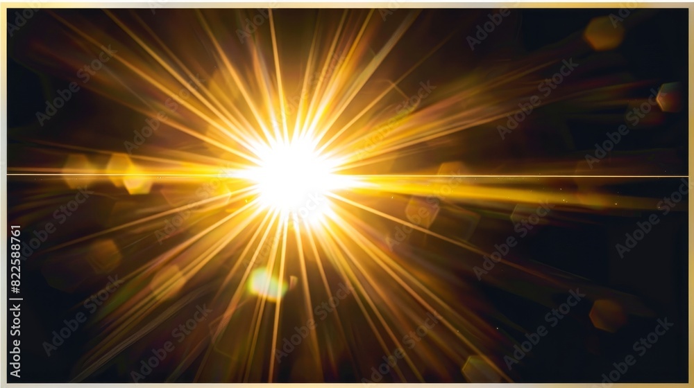 Obraz premium A sun rays overlay effect isolated on a black background.