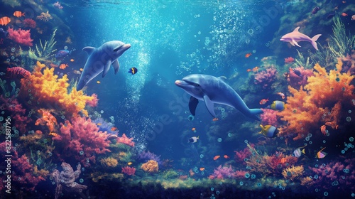 Beautiful underwater scene with two dolphins swimming among vibrant coral reefs and tropical fish, showcasing the rich marine biodiversity.