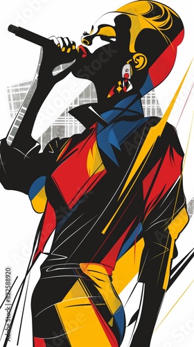 Vibrant pop art illustration of a female singer passionately performing with a microphone  using bold colors and dynamic lines.