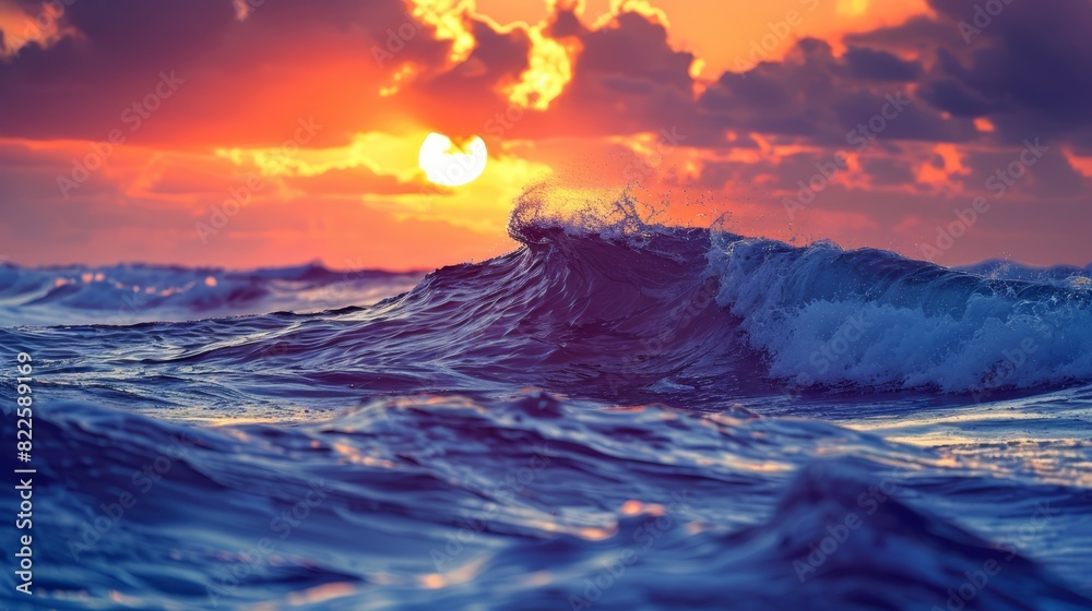 Fototapeta premium waves in foreground, sun distant, clouds-filled sky, sun halfway